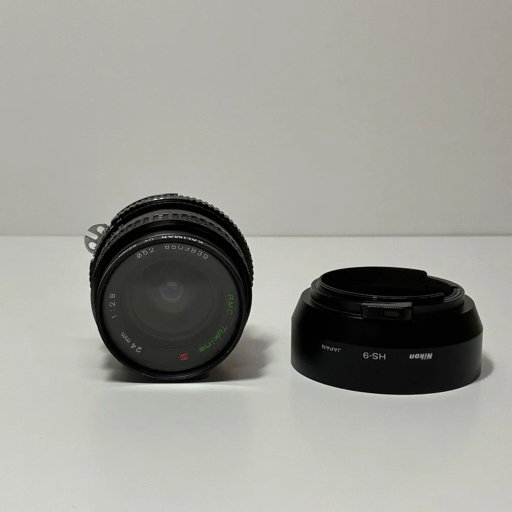 Bundle Tokina RMC 24mm f2.8 Wide Angle Lens Nikon AI Mount Nikon HS-9 Hood Japan